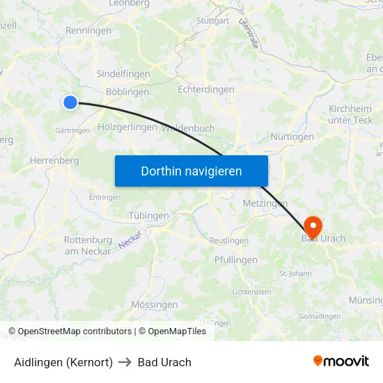 Aidlingen (Kernort) to Bad Urach map