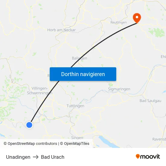 Unadingen to Bad Urach map
