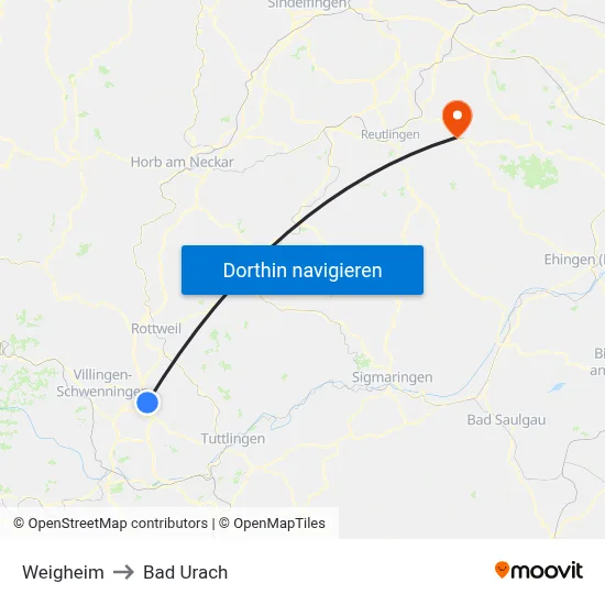 Weigheim to Bad Urach map