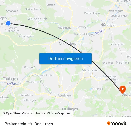 Breitenstein to Bad Urach map