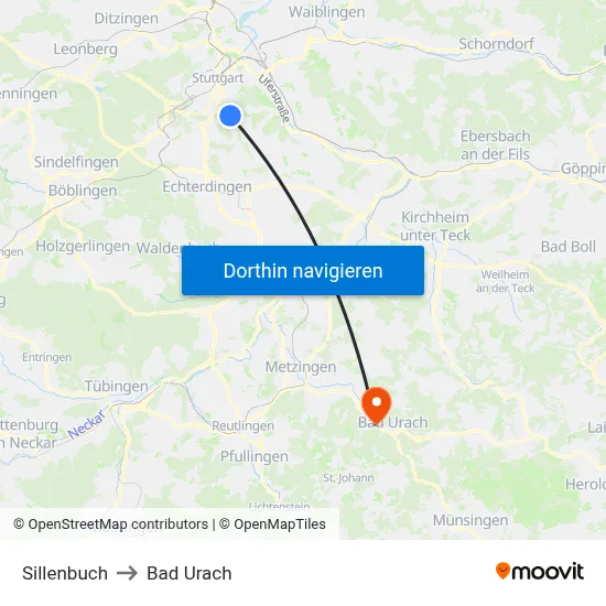 Sillenbuch to Bad Urach map