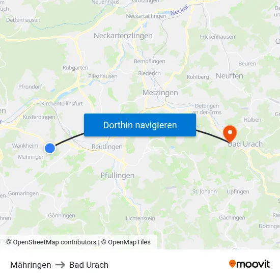 Mähringen to Bad Urach map