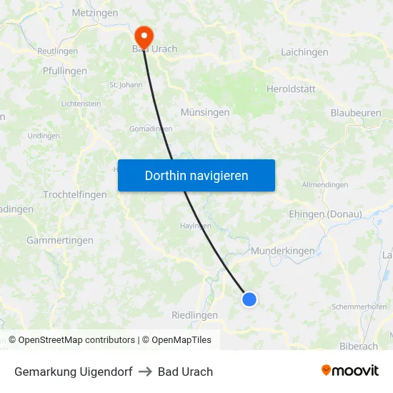 Gemarkung Uigendorf to Bad Urach map
