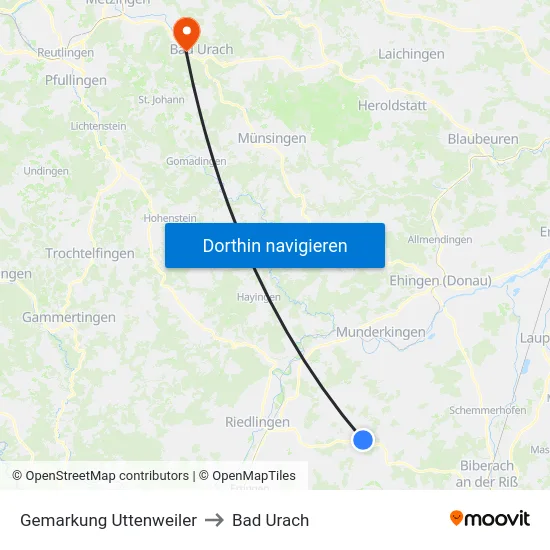 Gemarkung Uttenweiler to Bad Urach map