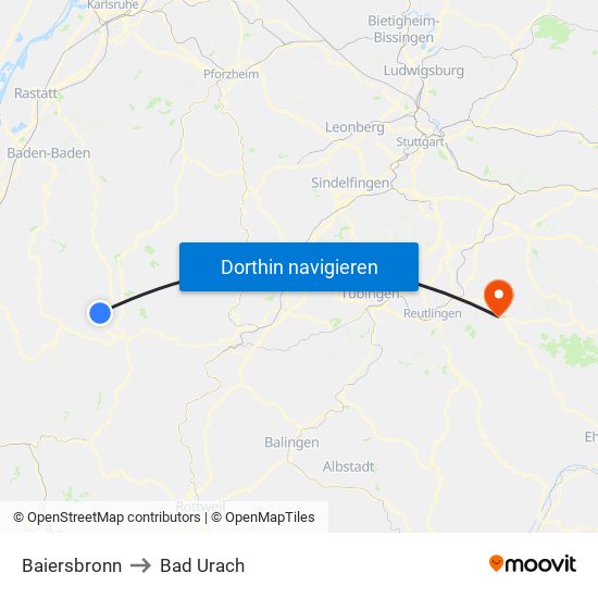 Baiersbronn to Bad Urach map
