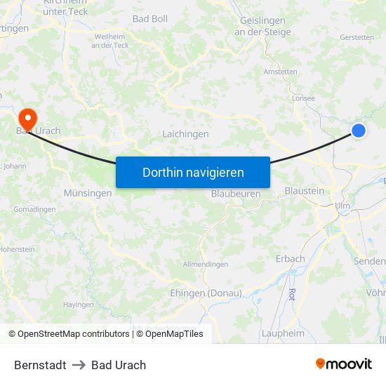 Bernstadt to Bad Urach map