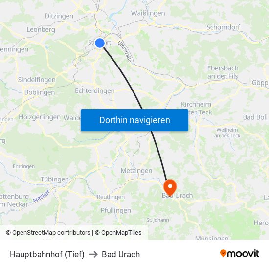 Hauptbahnhof (Tief) to Bad Urach map