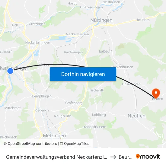 Gemeindeverwaltungsverband Neckartenzlingen to Beuren map