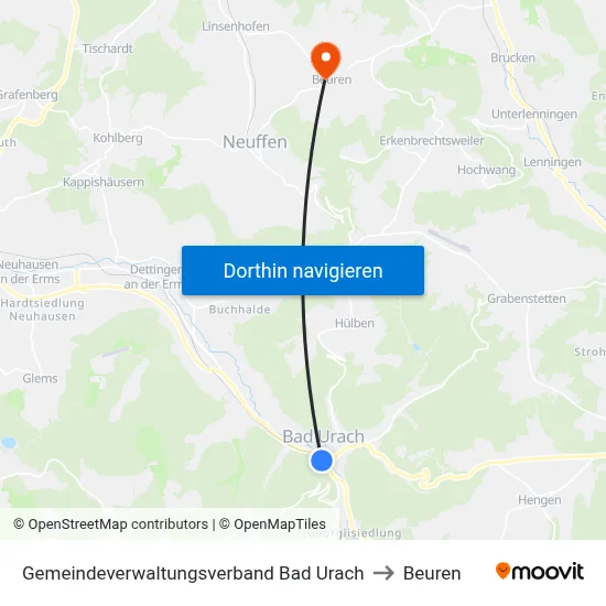 Gemeindeverwaltungsverband Bad Urach to Beuren map