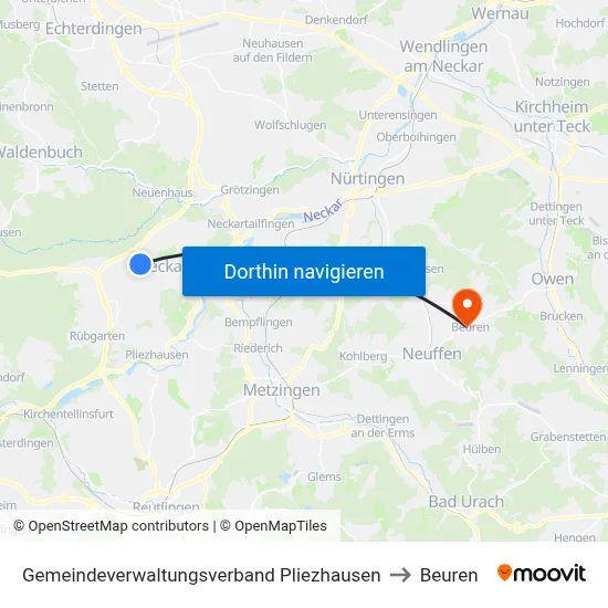 Gemeindeverwaltungsverband Pliezhausen to Beuren map