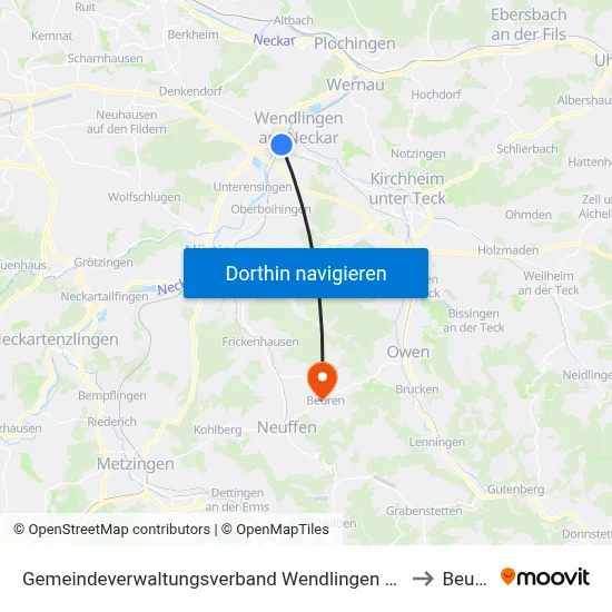 Gemeindeverwaltungsverband Wendlingen am Neckar to Beuren map