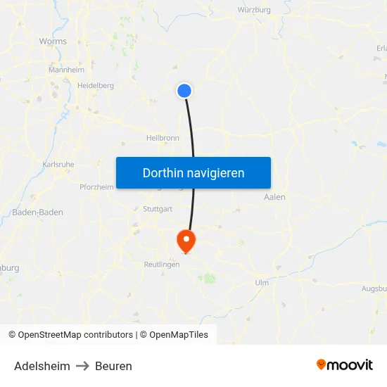 Adelsheim to Beuren map