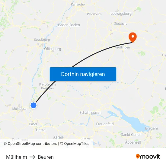 Müllheim to Beuren map