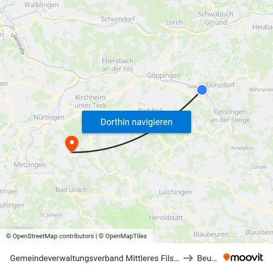 Gemeindeverwaltungsverband Mittleres Fils-Lautertal to Beuren map