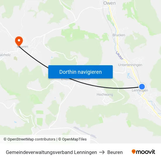 Gemeindeverwaltungsverband Lenningen to Beuren map