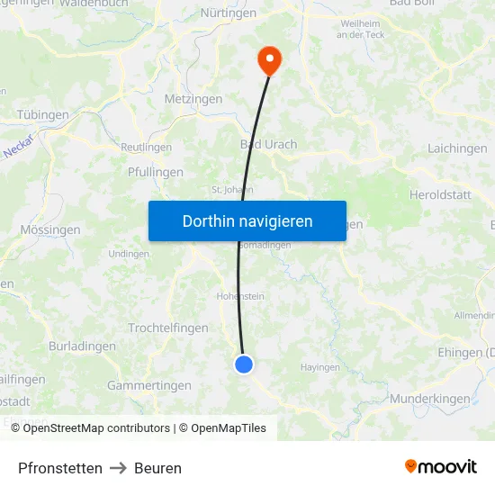 Pfronstetten to Beuren map