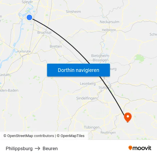 Philippsburg to Beuren map