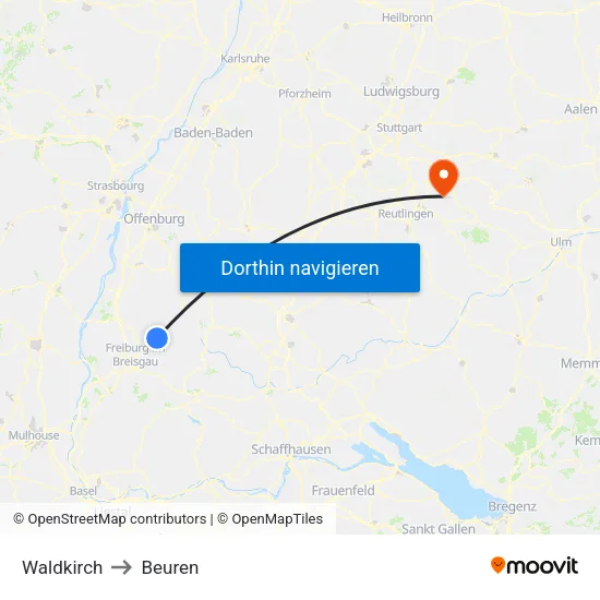 Waldkirch to Beuren map