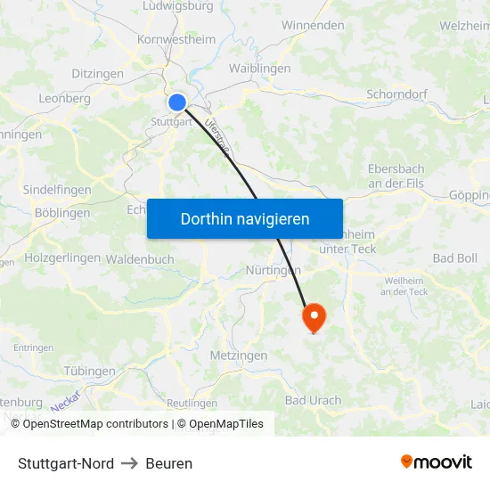 Stuttgart-Nord to Beuren map