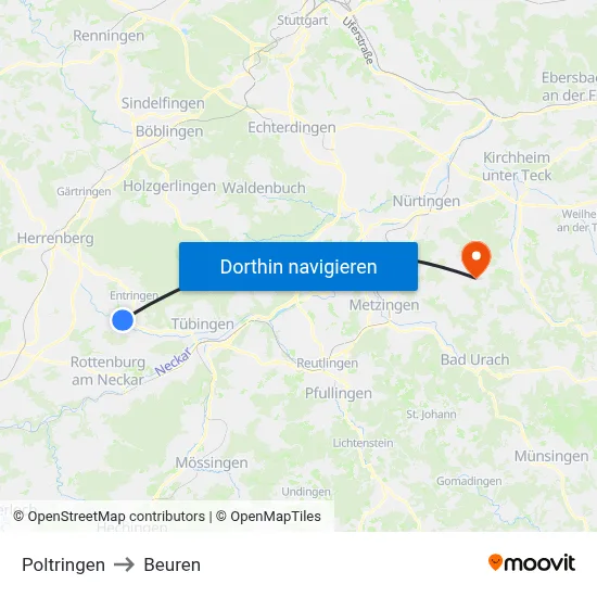 Poltringen to Beuren map