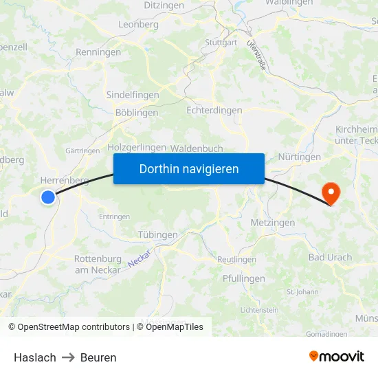 Haslach to Beuren map