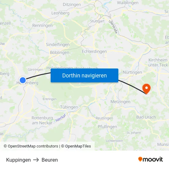 Kuppingen to Beuren map