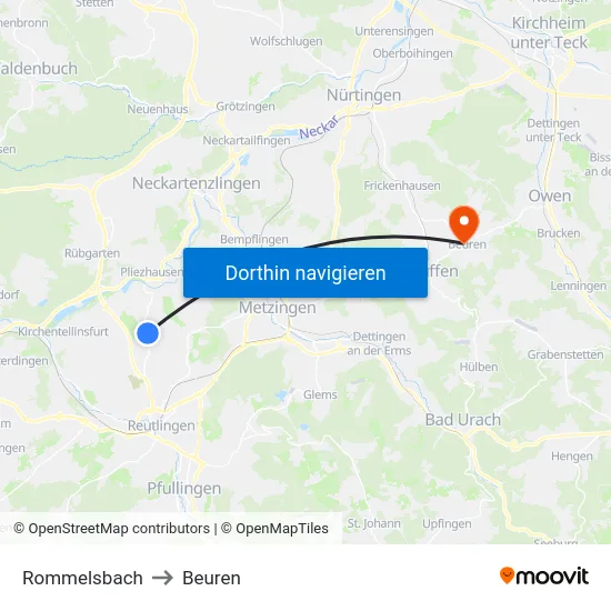 Rommelsbach to Beuren map