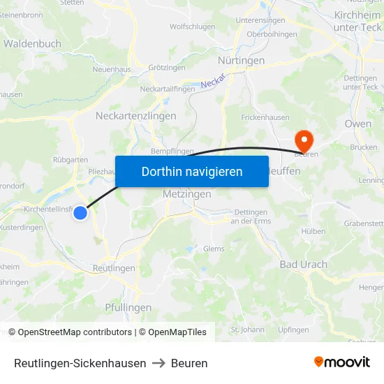 Reutlingen-Sickenhausen to Beuren map