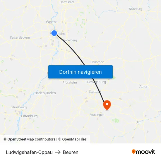 Ludwigshafen-Oppau to Beuren map