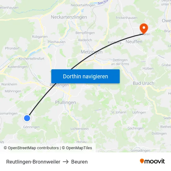 Reutlingen-Bronnweiler to Beuren map