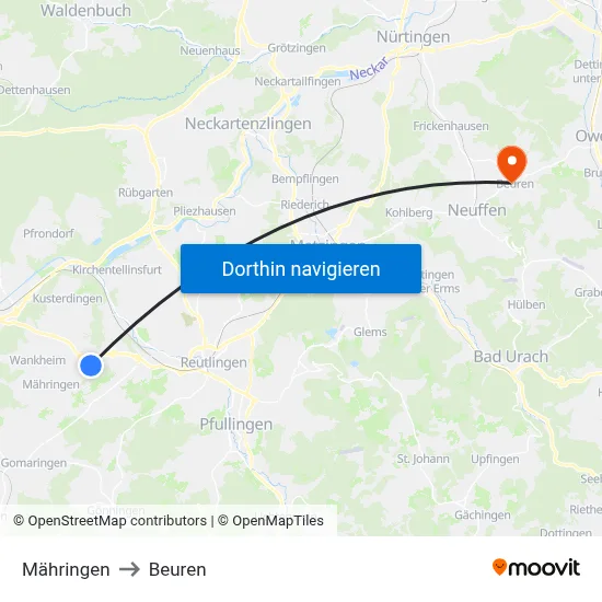 Mähringen to Beuren map