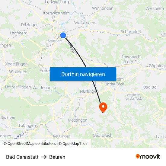 Bad Cannstatt to Beuren map