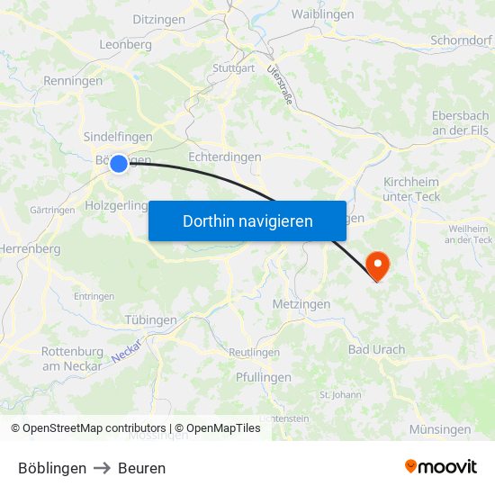 Böblingen to Beuren map