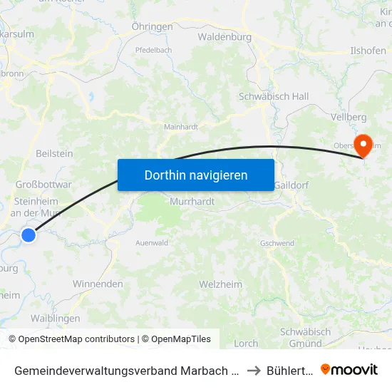 Gemeindeverwaltungsverband Marbach am Neckar to Bühlertann map