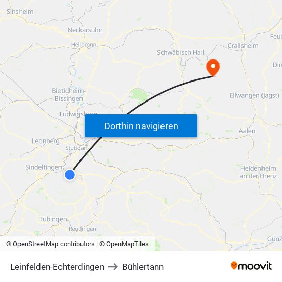 Leinfelden-Echterdingen to Bühlertann map