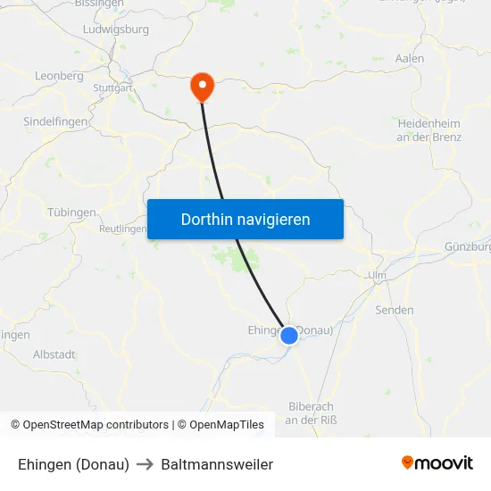 Ehingen (Donau) to Baltmannsweiler map