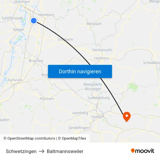 Schwetzingen to Baltmannsweiler map
