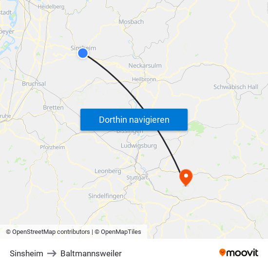 Sinsheim to Baltmannsweiler map