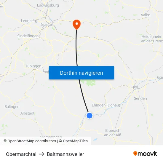 Obermarchtal to Baltmannsweiler map