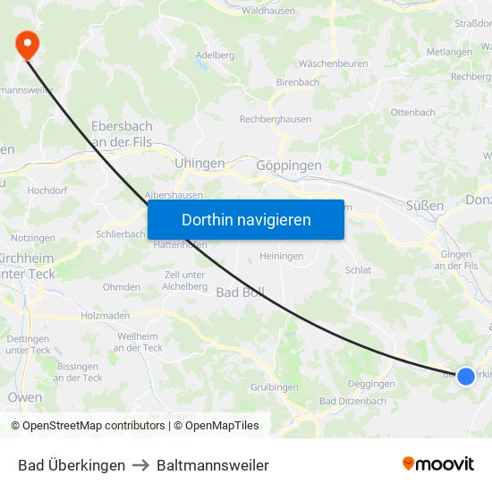 Bad Überkingen to Baltmannsweiler map