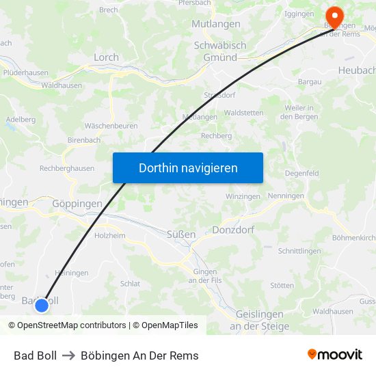 Bad Boll to Böbingen An Der Rems map