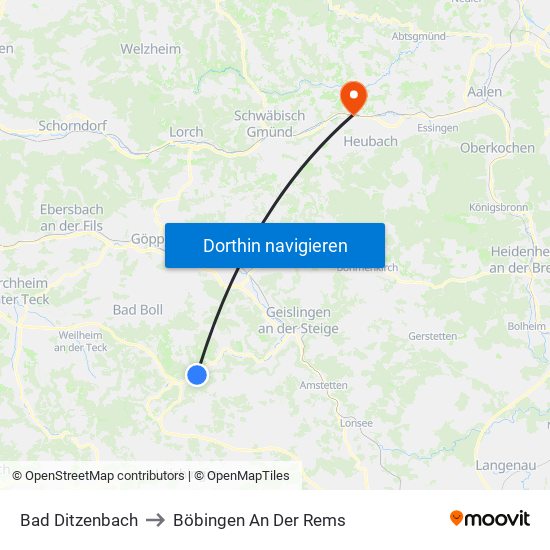 Bad Ditzenbach to Böbingen An Der Rems map