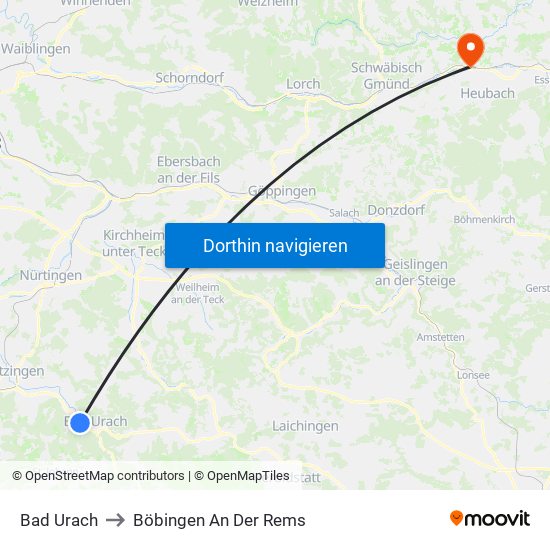 Bad Urach to Böbingen An Der Rems map