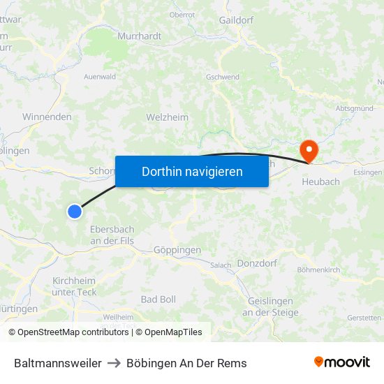 Baltmannsweiler to Böbingen An Der Rems map