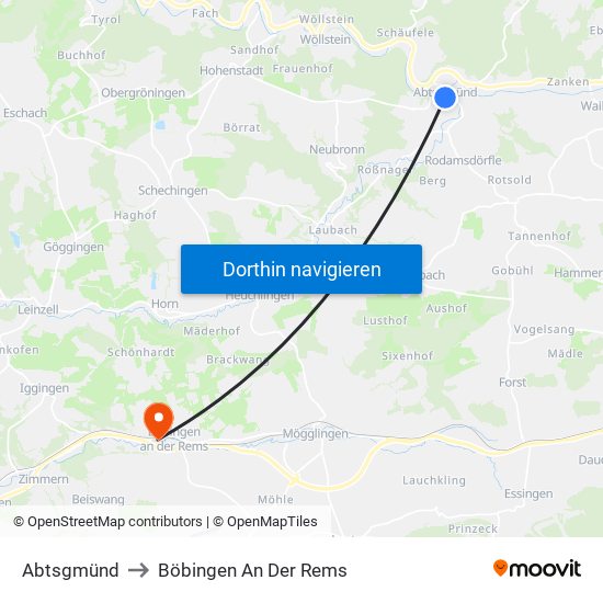 Abtsgmünd to Böbingen An Der Rems map