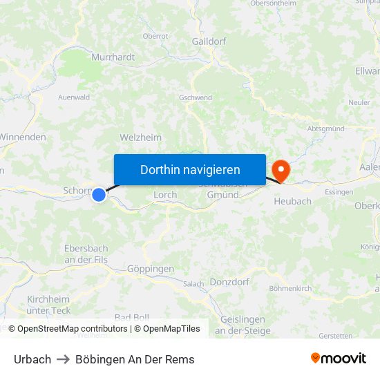 Urbach to Böbingen An Der Rems map