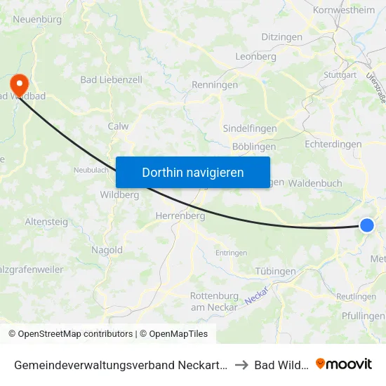 Gemeindeverwaltungsverband Neckartenzlingen to Bad Wildbad map
