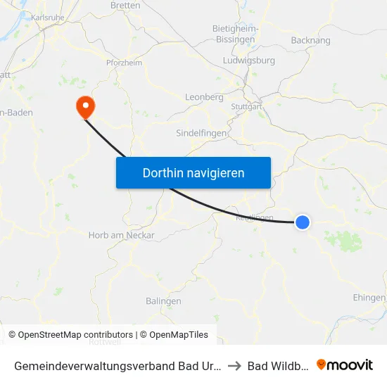 Gemeindeverwaltungsverband Bad Urach to Bad Wildbad map