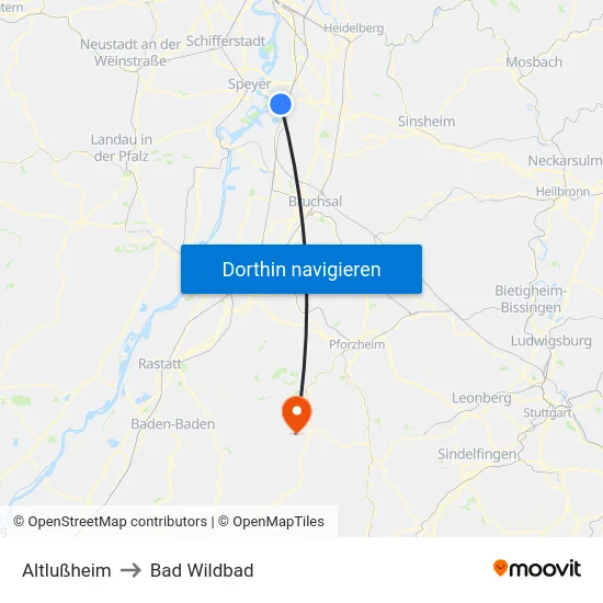 Altlußheim to Bad Wildbad map