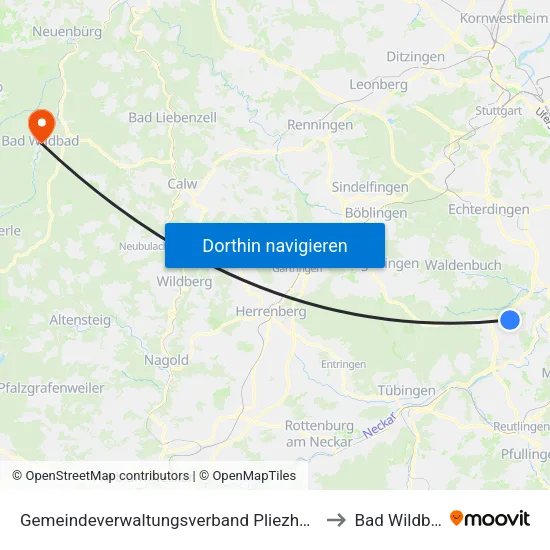 Gemeindeverwaltungsverband Pliezhausen to Bad Wildbad map